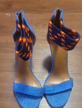 Shoe Republic LA Blue Open-Toe Heels with Multicolor Braided Ankle Strap